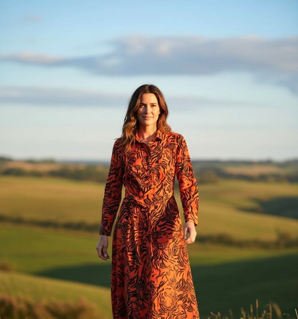 Japna Midi Shirt Dress Womens M Orange Black Animal Tiger Belted Big Cat Safari